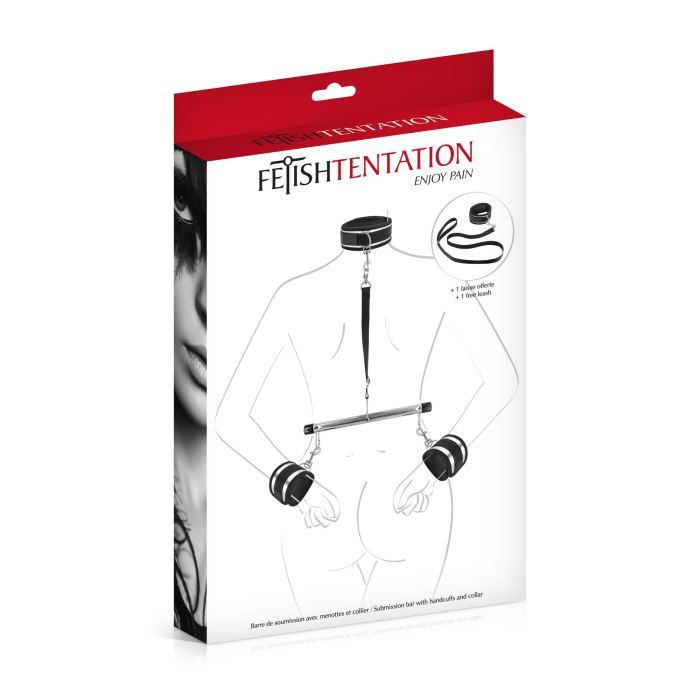 Фіксатор для рук і шиї з повідцем Fetish Tentation Submission bar with handcuffs and collar