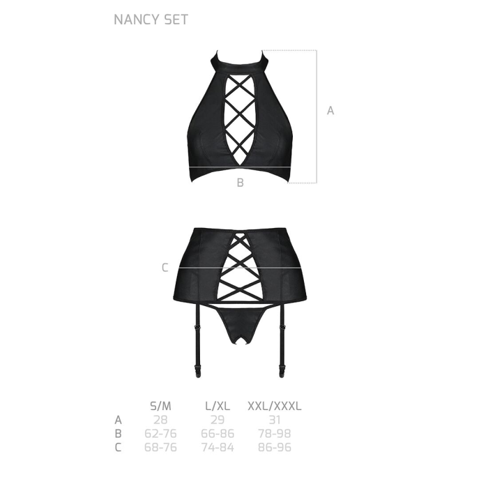 Комплект з еко-шкіри імітація шнурівки Passion NANCY SET XXL/XXXL black топ трусики пояс для панчіх