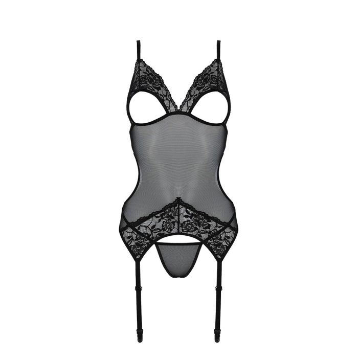 Корсет із підв’язками та ажурним ліфом Passion CHRISTA CORSET L/XL, black, стрінги в комплекті