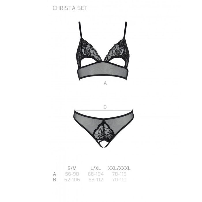 Комплект із бралету з ажурним ліфом та відкритими трусиками Passion CHRISTA SET Open Bra S/M black