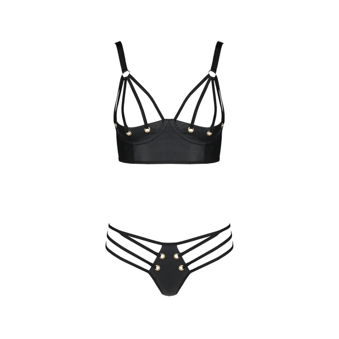 Комплект з екошкіри з люверсами та ремінцями Passion MALWIA BIKINI L/XL, black, бра та трусики