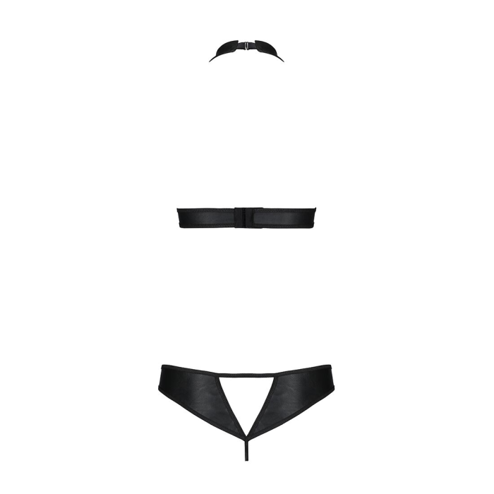 Комплект, відкритий топ та трусики з екошкіри з люверсами Passion MALWIA SET with Open Bra S/M black