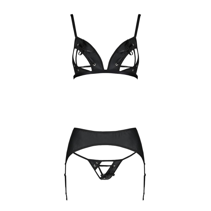 Комплект з екошкіри Passion MILEY SET L/XL, black, трусики, бюстгальтер, пояс для панчіх