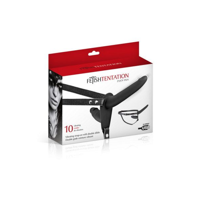 Подвійний страпон з вібрацією Fetish Tentation Vibrating Strap-On with Double Dildo Black