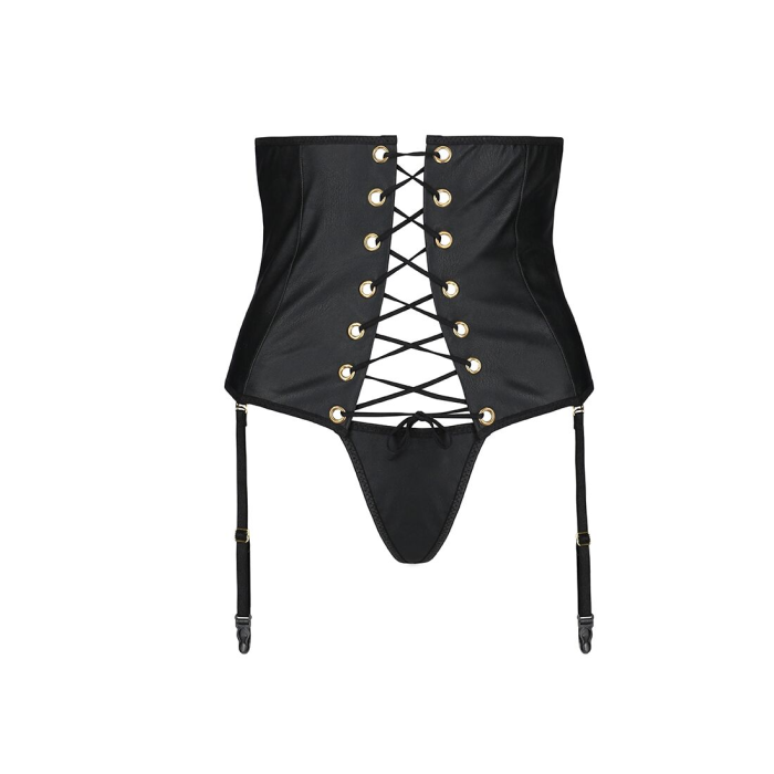 Пояс-корсет з екошкіри Passion CELINE SET XXL/XXXL, black шнурівка, знімні пажі для панчіх, стрінги